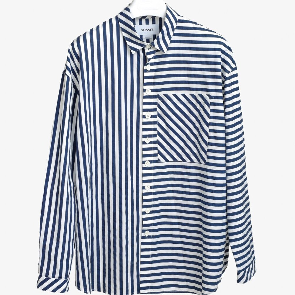 Sunnei White Blue Striped Cotton Button Up Shirt